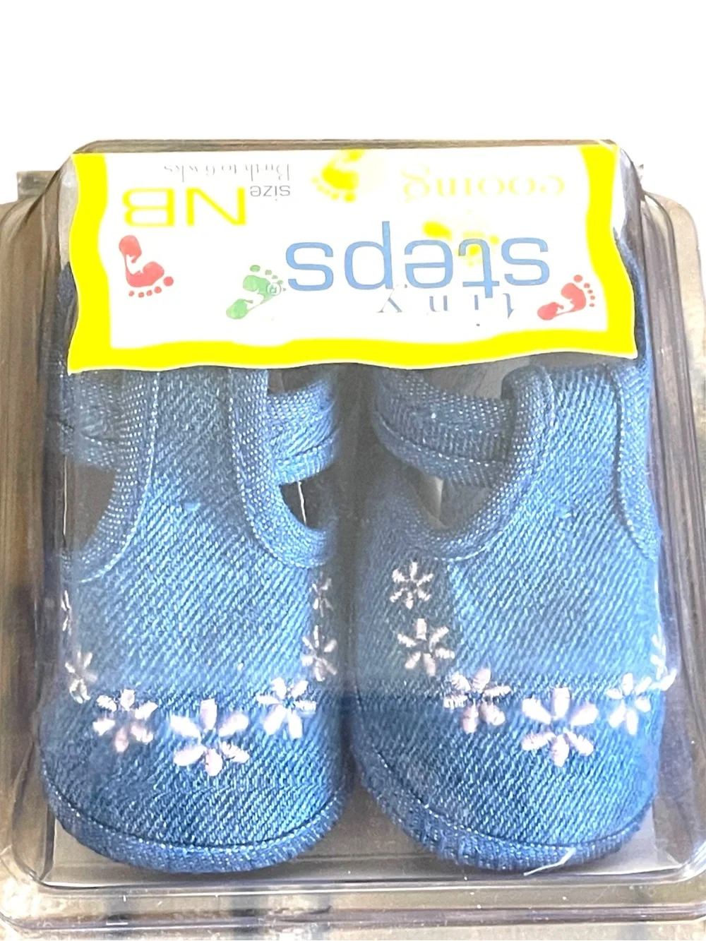 NEW Tiny Steps Baby Shoes Boho Style Blue Denim Embroidered Flowers Size 0